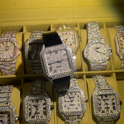 Custom Diamond Leather Band Moissanite Watch  Hand Setting Iced Out 3EX